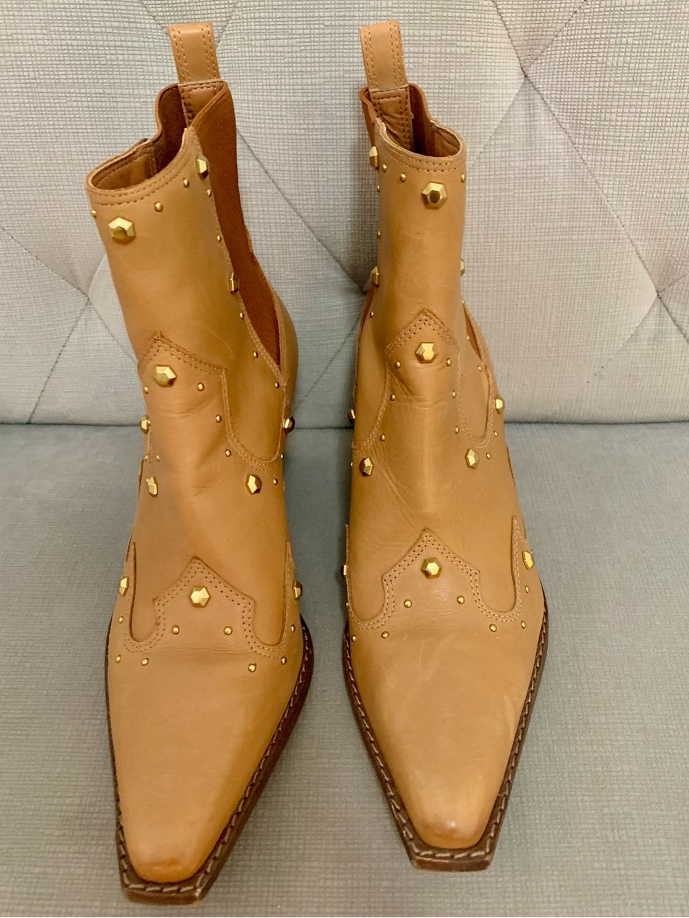 Vince Camuto Camel Leather Studded Pointed Ankle Boots